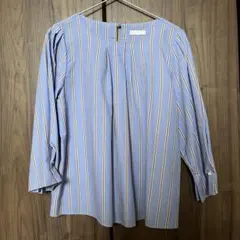 DRESKIP ブラウス ストライプ ブルー パール付き オフィスカジュアル