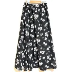 【コーエン】花柄 プリント ロング フレアスカート　ブラック ウエストゴム S