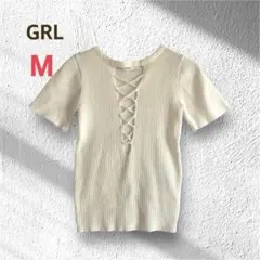 グレイル GRL リブ ニット 半袖 M ホワイト ショート丈 レースアップ