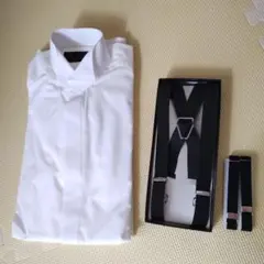 新郎タキシードシャツセット MAZZO サスペンダー カフス ボタン S 結婚式
