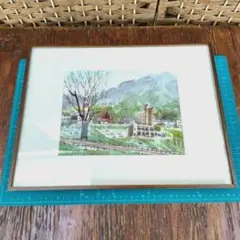 【原画】山並みの風景画　緑の豊かな町　水彩画　額縁付き