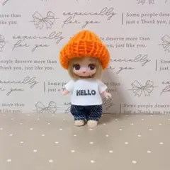 ぷちリカちゃん服　ロゴトップス&ボトム・オレンジ帽子セット　ハンドメイド