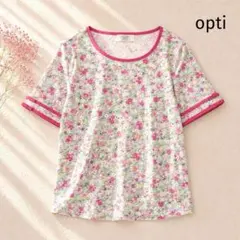 【オプティ】日本製 花柄カットソー 半袖トップス 綿100% Fサイズ 華やかのサムネイル