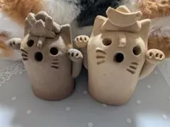 猫ハニワと豆埴輪の陶器置物セット　日本産