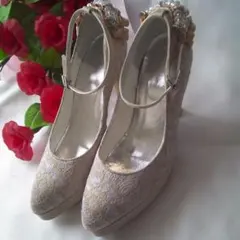 ブライダルシューズ★ベージュ レースパンプス11センチ 高ヒール