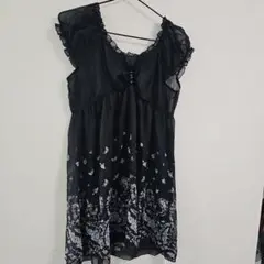 ブラック フリル袖 花柄チュニック