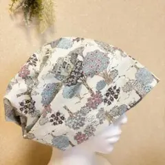 ブルー地カラー森　ケア帽子　医療用キャップ　抗がん剤治療　脱毛　三角巾