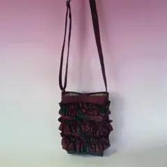 着物リメイクフリルデザインショルダーバッグ大島紬濃紺緑ワイン[新品]