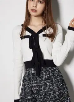 rienda配色リボンニットカーデ