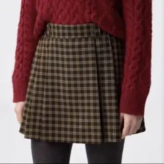 GU サイドプリーツチェックスコート　ミニスカート　ブラウン　茶色　Lサイズ