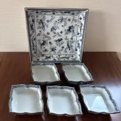 【たち吉】6枚セット 染付 遊魚文様 角大皿 1枚 染付牡丹唐草 菱形小鉢 5枚