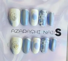 【S-159】ブルーマグネットꕤ︎︎白い花柄ネイルチップꕤ︎︎Mサイズ