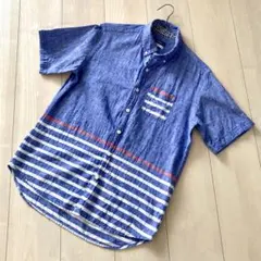 Navy Slim Fit 半袖シャツ Mサイズ　綿麻のサムネイル