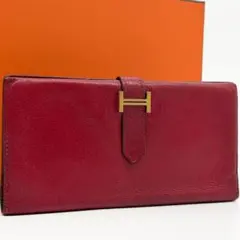 エルメス ベアン クラシック シェーブル レッド レザー 長財布 二つ折り