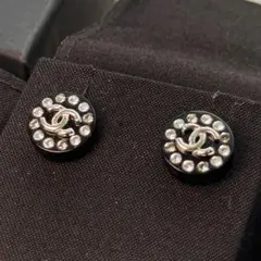 【美品】CHANEL ココマーク ピアス ブラック シルバー ラインストーン