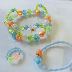 ティアラセット＊ティアラ＊リング＊ヘアゴム⭐︎ビーズ♡プリンセスブルーオレンジ花