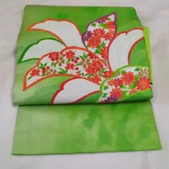 鮮やかな黄緑　名古屋帯 花柄刺繍 　360×30