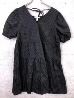 レトロ ガーリー H&M 古着 後ろリボン Vネック ドット柄 パフスリワンピ