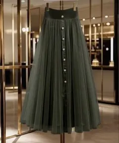 大きいサイズ ロングスカート 2XL グリーン チュール