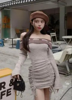 DARICH オフショルステッチニットミニワンピース　FREE サイズ　ベージュ