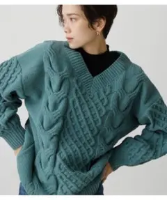 AZUL by moussy シェニールケーブルVネックニットトップス