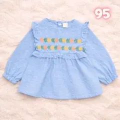 futafuta 水色 花柄 フラワー 刺繍 ブラウス ポップ 95 長袖