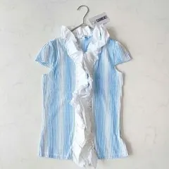 新品✨ナラカミーチェ フリル ストレッチ ブルー×白 半袖 シャツ ブラウス M