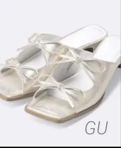 値下げ不可　GU シルバー　リボンヒールミュールサンダル