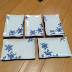 青い花柄　 陶磁器 　長方形皿　5枚セット　刺身皿