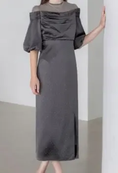 【美品】【LEJA】ドットストーンパフスリーブスリットIラインドレスワンピース