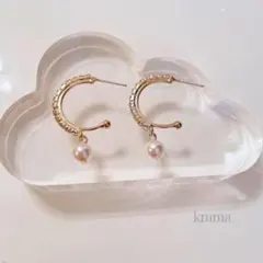 パール×ジルコニア＊上品ハーフ＊フープピアス