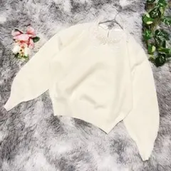 美品✨グリーンレーベルリラクシング レース襟 ニット 白 長袖 花柄