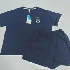ルームウェア　2XL パジャマ　クマ セットアップ XXL 紺×白 レイヤード風