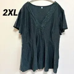 美品！レディース　ダークグリーン Vネック シャツ 2XL