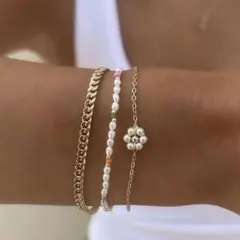 ゴールド　チェーン　ブレスレット　パール　フラワー　3連　アクセサリー