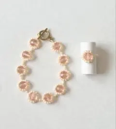 ハンドメイド ブレスレット リング 指輪 ビーズ ピンク フラワー アクセサリー