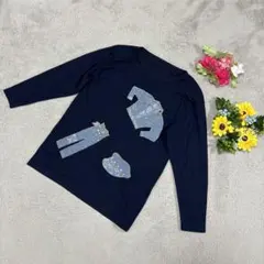 トップス Tシャツ 長袖 アップリケ 紺色
