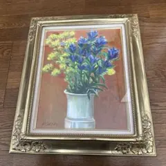 花瓶の花　桔梗　アンティーク調金色額入　 油彩画　油絵　額　ガラス入額縁