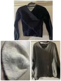 黒のリブ編みラップセーター Vネックセーター ふわふわハット