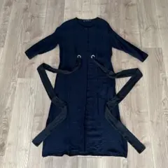 最終値下げ　ZARA シャツワンピース 前開き リボン付き 七分袖　ネイビー