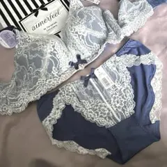 エメフィール　脇高ブラジャー　ショーツ　セット　D75 ブルー　青白　レア