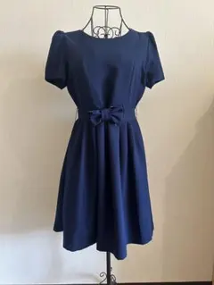 Pour Vous　ワンピース　半袖　フレア　リボン　青　紺