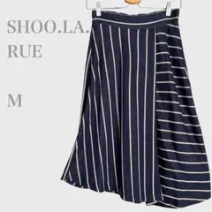 ★シューラルー　ストライプフレアスカート　ミモレ丈　ネイビー　M きれいめカジュ