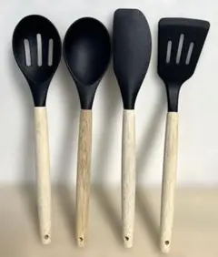 【4点セット】シリコン キッチンツール 木柄 フライ返し スプーン スパチュラ