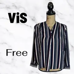 美品✨【ViS】スキッパーストライプブラウス　さらさら　薄手　ネイビー　F
