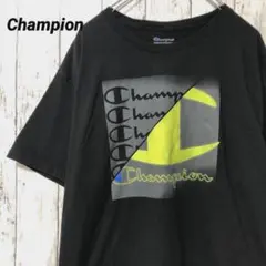 C1813 Champion アメリカ古着 半袖 Tシャツ デカ ロゴ 刺繍 黒
