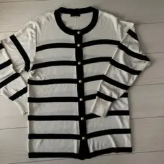 オンワード　オールシーズン　ウールロングカーディガンボーダー金ボタン