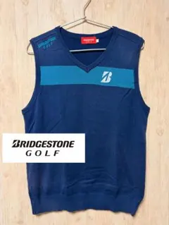 【日本製】ブリヂストンゴルフ ニットベスト Vネック 刺繍ロゴ 紺 L ゴルフ