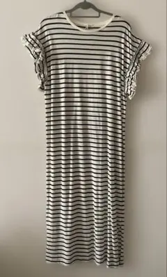 studio CLIP 半袖 フリル ワンピース ボーダー(白/黒) L