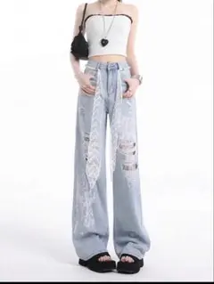 SHEIN デニム　レース　バギージーンズ　ライトブルー　S